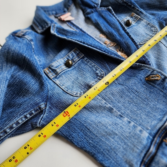 Faded Glory Blue and Orange Jean Jacket with Distressing and Floral Design - Picture 6 of 15